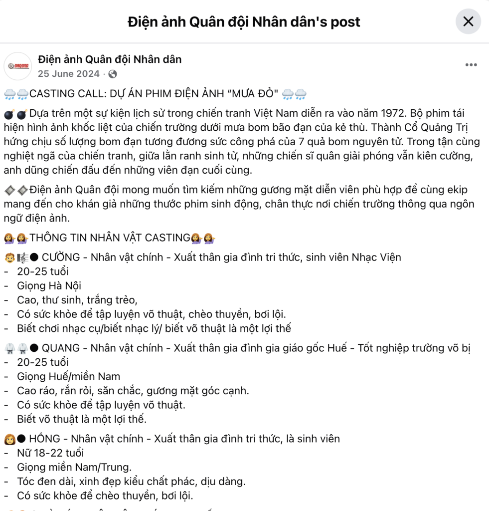 Thông báo casting phim Mưa đỏ